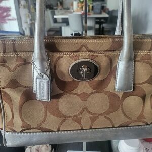 Coach Vintage Tan and Silver Satchel Bag With Turn Lock